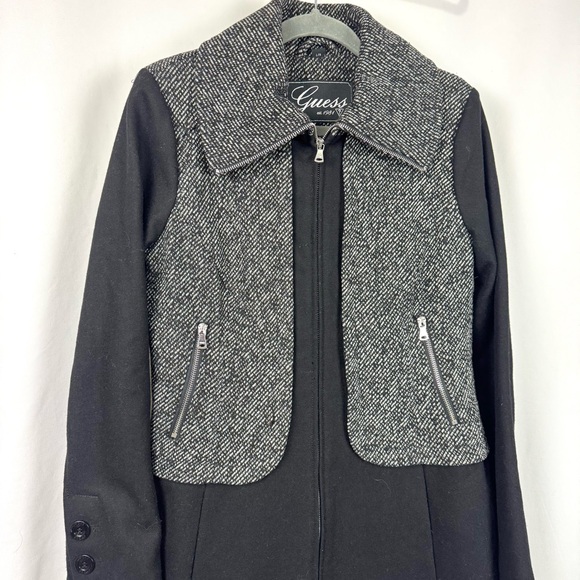 Guess Women’s Sz L Wool-Blend Tweed Moto Zip Pleated Midi Pea Coat Black / Grey - Picture 2 of 10